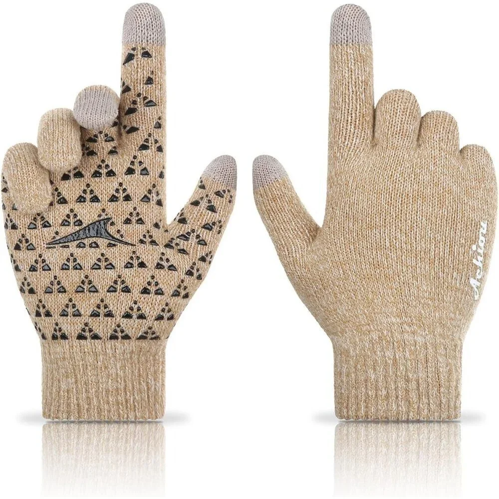 Women's White Khaki Upgraded Touch Screen Thermal Soft Knit Lining Winter Gloves